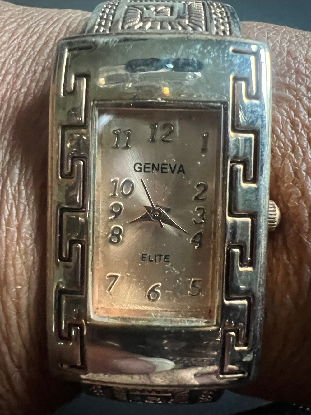 Geneva Gold-Tone Ladies Rectangular Bracelet Watch with Greek Key Motif
